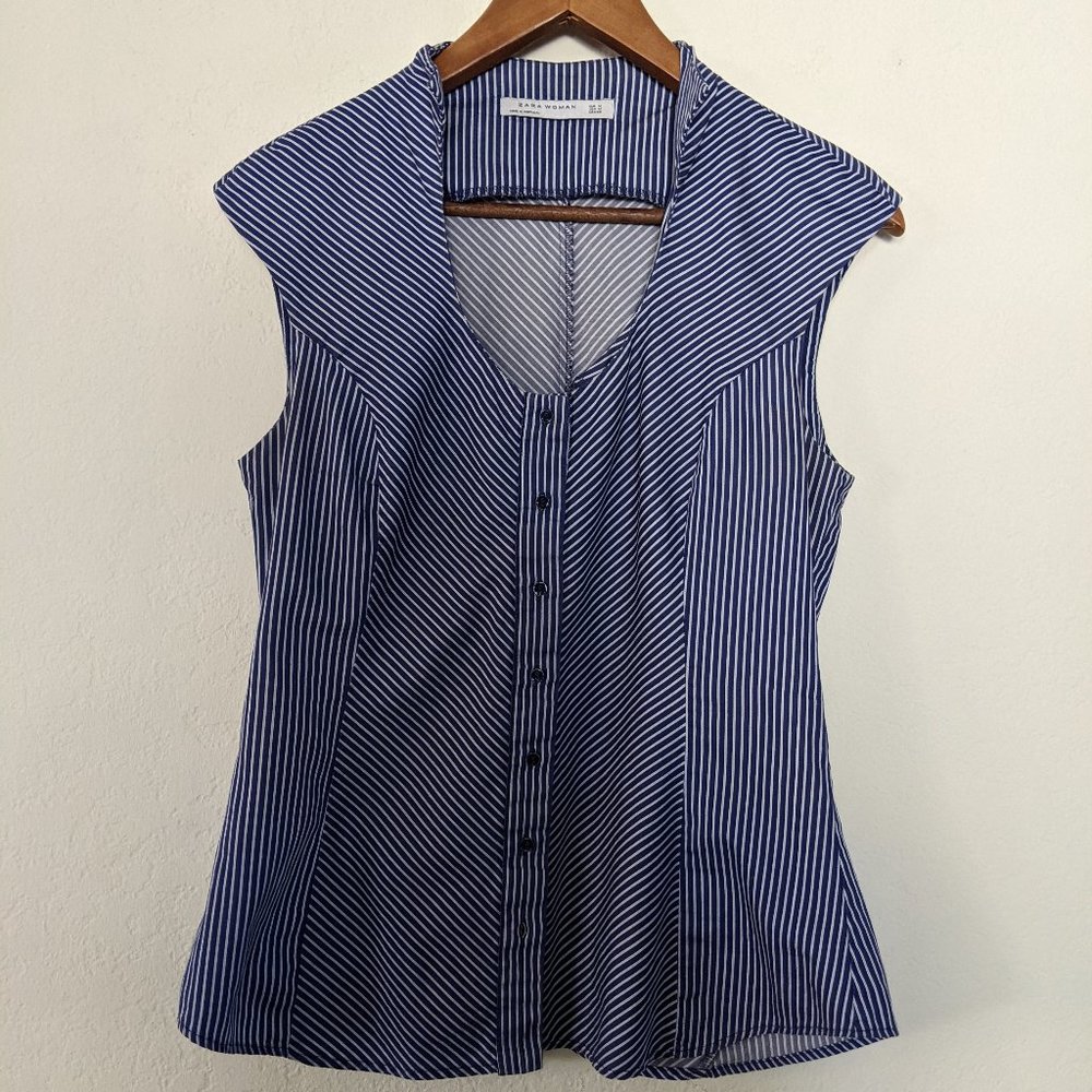 Zara Women Button Up Structure Flattering Cap Sleeves Striped Top Blue Medium